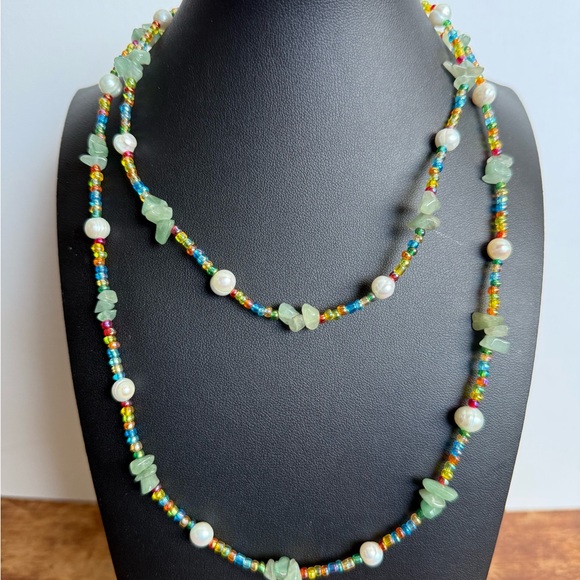 Multicolor and Pearl Boho Beachy Beaded Necklace with Green Accents - Picture 3 of 10